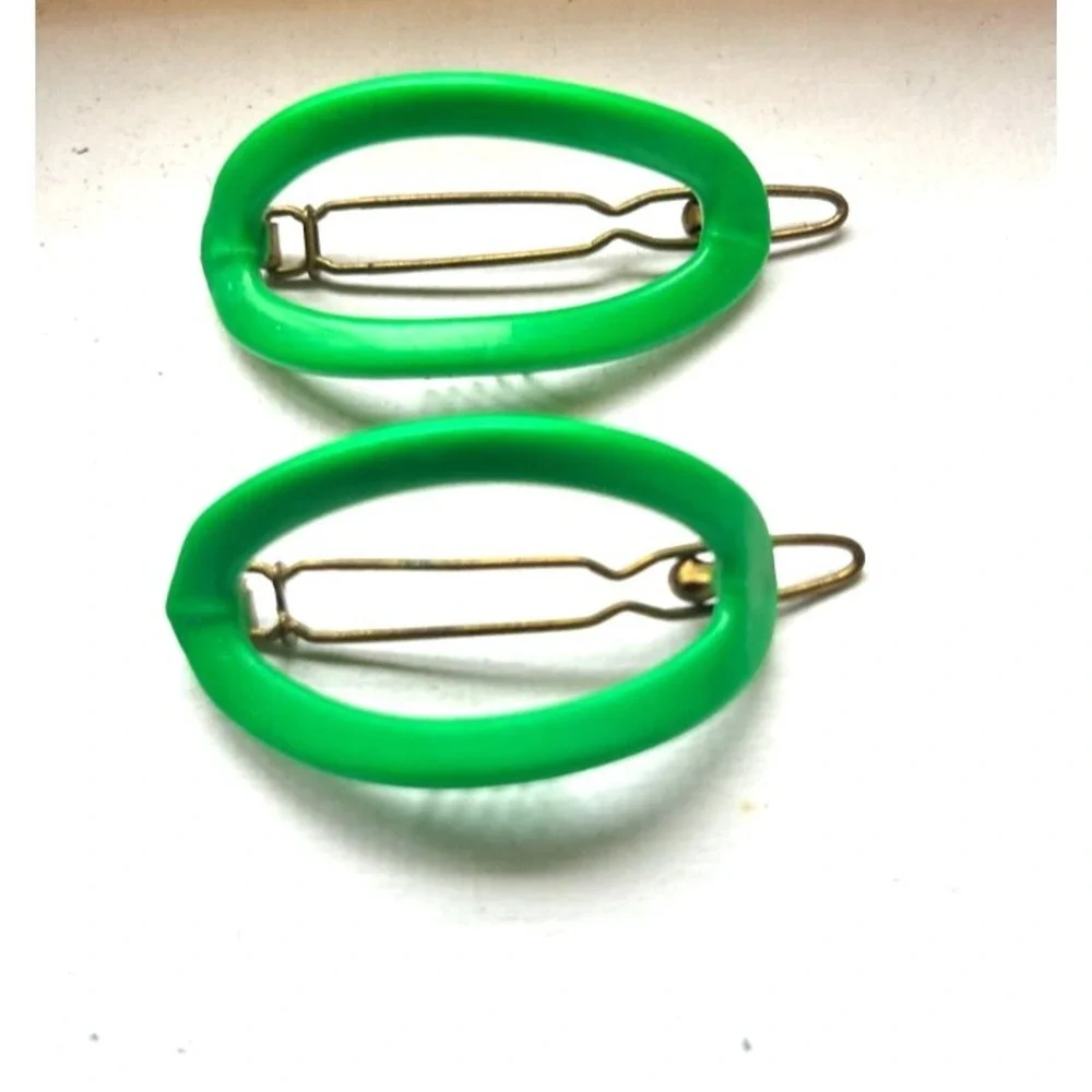 Vintage France Green Oval Hair Clips Matching Pair 1970s Mod Open Barrette Set